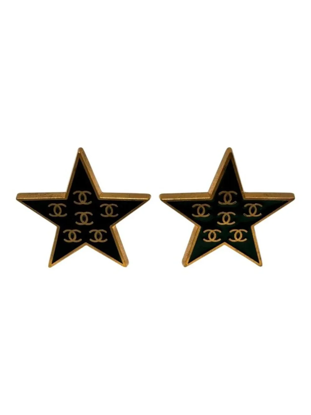 Chanel 01P CC Logo Star Black Gold Vintage Earrings Metal